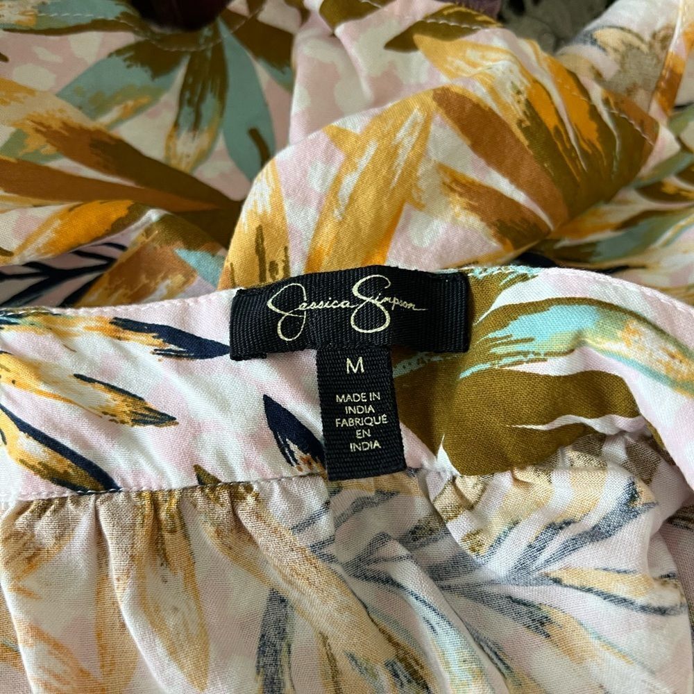 Jessica Simpson‎ Palm Tropical Yellow Pink Blue Green Flutter Sleeve Blouse Sz M - Picture 7 of 8